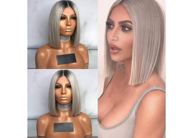 Peruca din par natural short ombre saten foarte inchis /blond grey